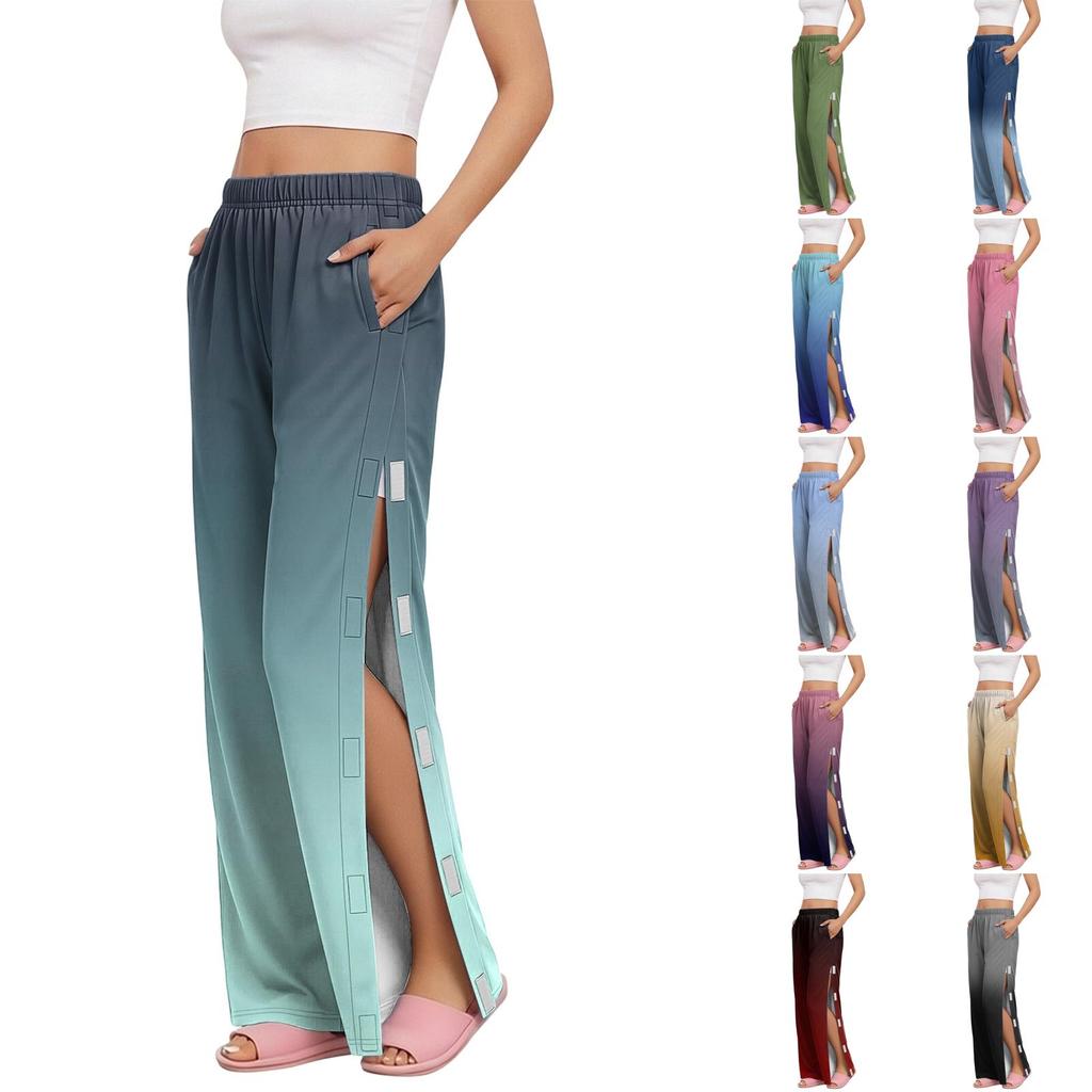 Women Gradient Side Hook and Loop Closure Easy Open Post Surgery Recovery Care Long Pants Elastic Waistband Lightweight Fabric