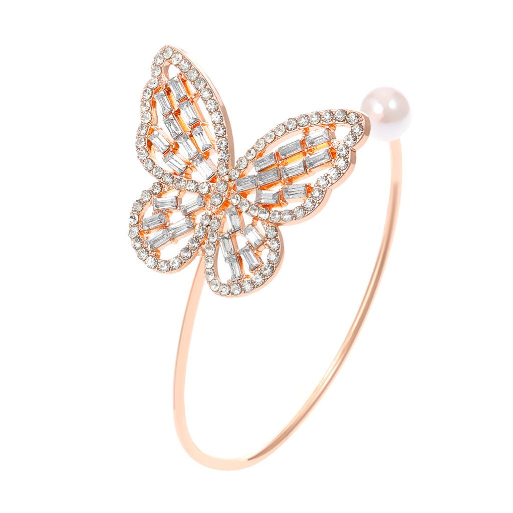 Hollow Butterfly Inlaid Open Cuff Bangle Single Pearl Decor Elegant Women Wrist Jewelry for Daily Party Matching