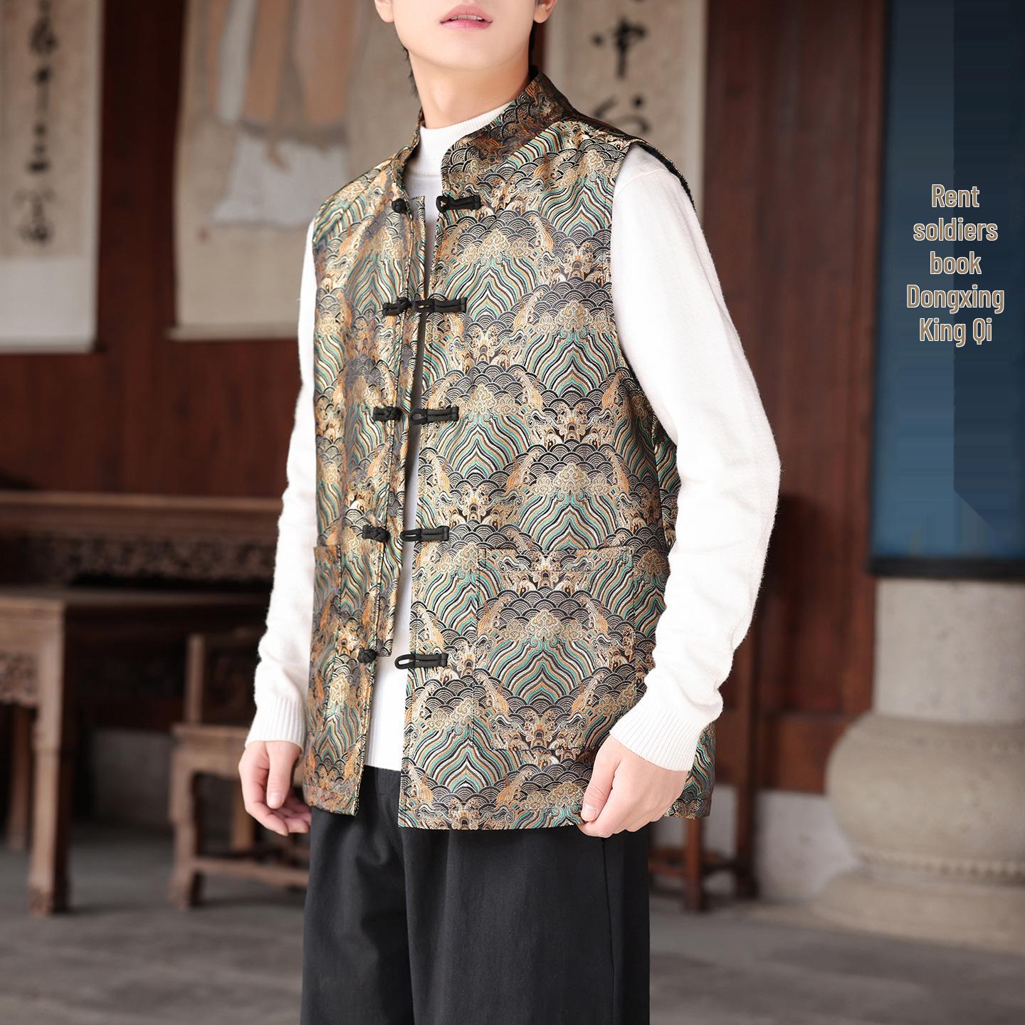 

Men s Retro Tang Suit Jacquard Vest: Chinese Style Stand Collar Sleeveless Jacket in Plus Sizes. L