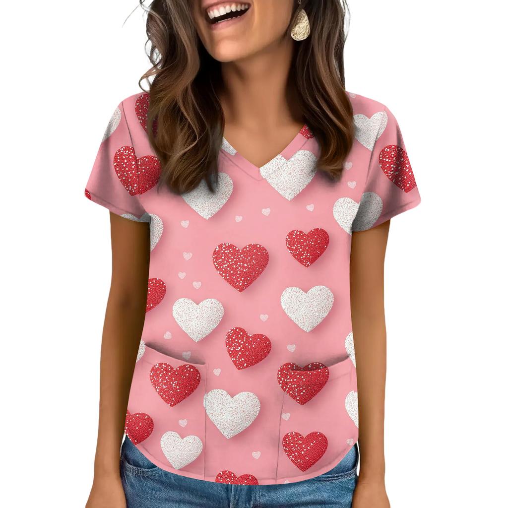 Women's V-neck Valentine's Day Printed Short-sleeved Top With Pockets And Side Slits, Suitable For Caregivers.