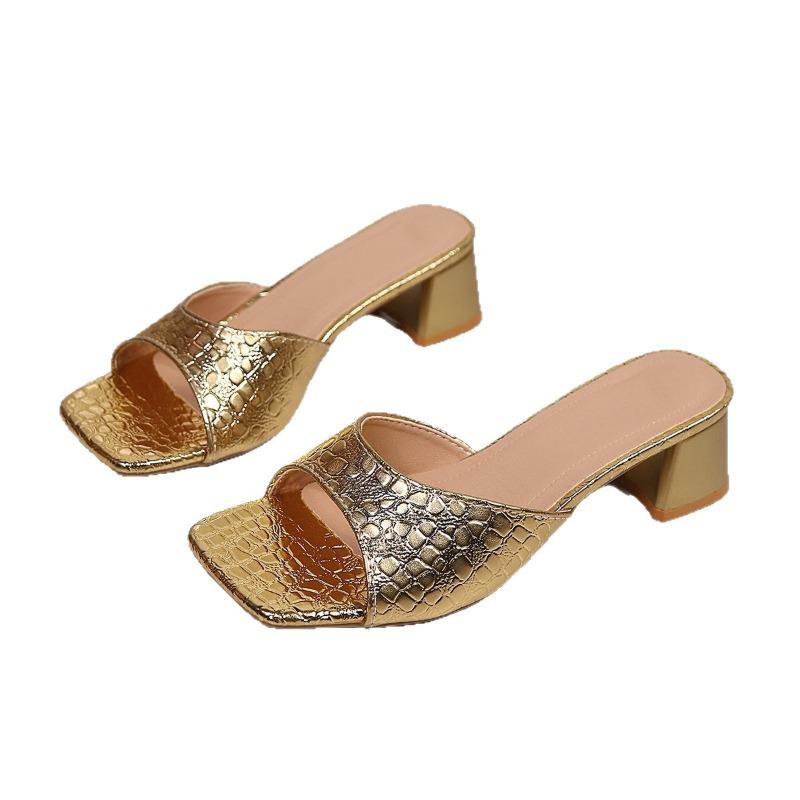 Women's Wide Width Square Toe Slides, Solid Color Single Strap Slippers, Chunky Heel Wholesale Sandals for Women