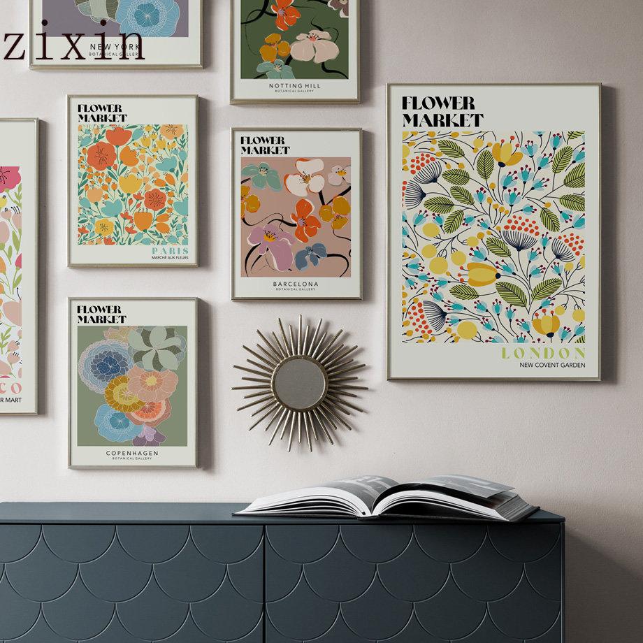 

Красочный абстрактный цветочный рынок Ботаническое настенное искусство Скандинавские плакаты и принтыХолст Живопись Домашний декор Картины для гостиной