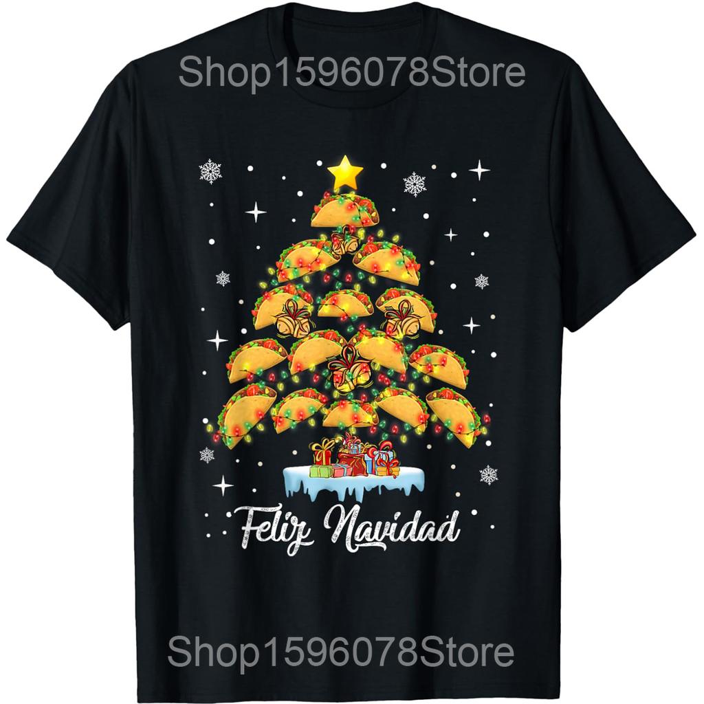 Tacos Christmas Tree Funny Xmas Foodie Mexican T Shirts Unisex Cotton Humor Streetwear Tee Shirt Short Sleeve Unisex Loose Clothing