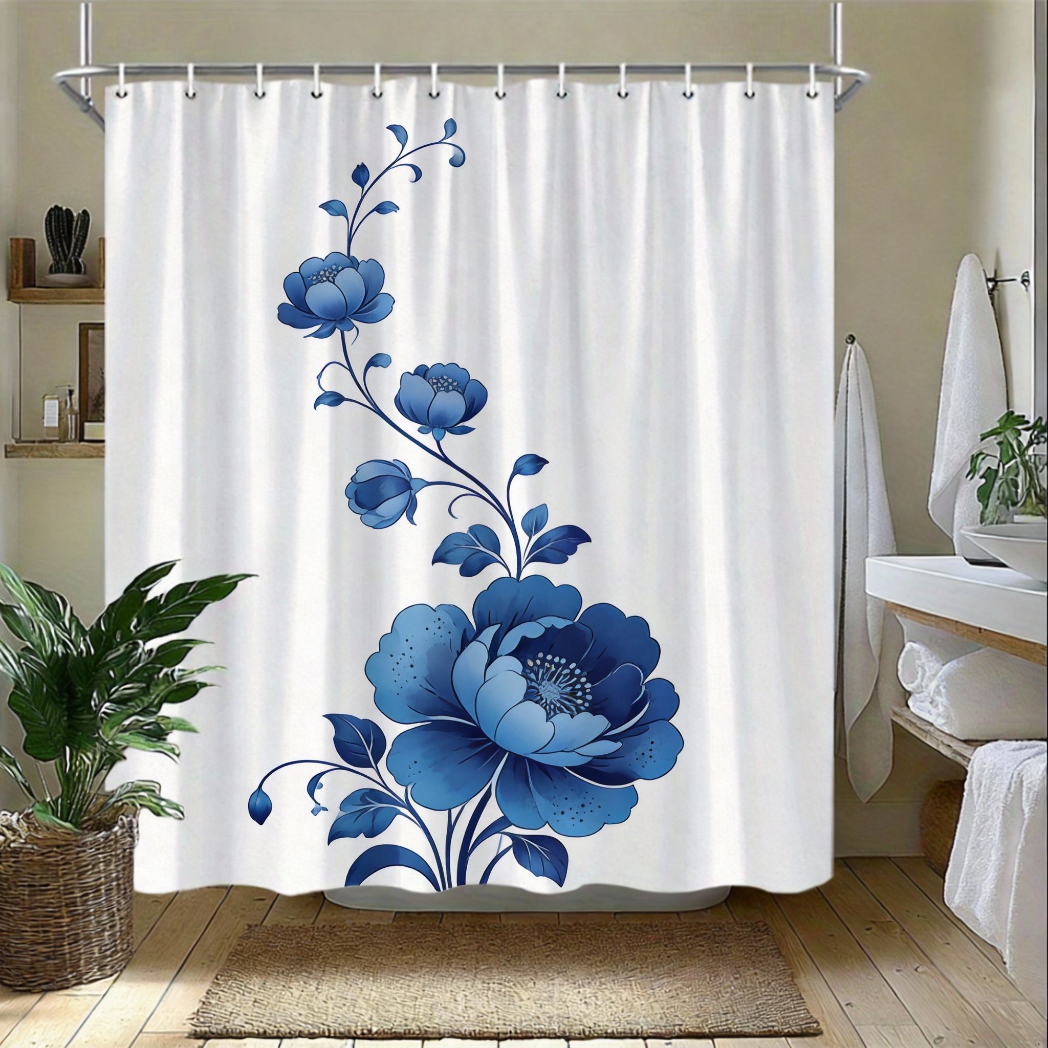 

Minimalist Fish Shower Curtain 180X180Cm – Stylized Blue Geometric Pattern, Abstract Bathroom Decor, 12 Hooks W60H190(CM)-1 Pcs