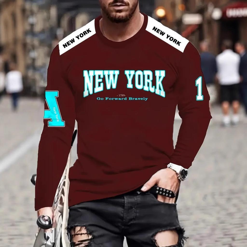 3D City Name Printed Top Fashionable Casual Long Sleeved Men's T-shirts - Soft Medium Stretch Polyester Fabric Spring and Autumn Relaxed Fit Clothing