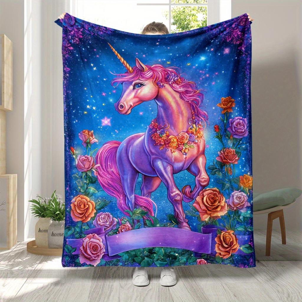 1 Rose Unicorn Pattern Flannel Blanket - Soft and Warm, Suitable for Camping, Sofas, Beds and Chairs, a Perfect Holiday Gift