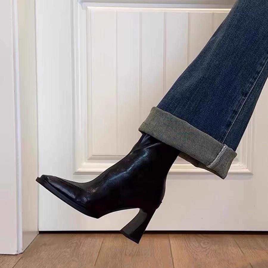 High heels femininity advanced not tired feet autumn square head thick heel back zipper short boots with skirt thin boots