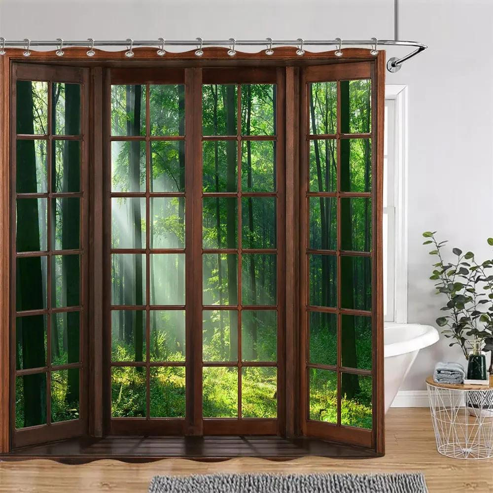 Sunshine Green Forest Brown Window Shower Curtains Trees Plants Nature Landscape Polyester Bathroom Curtain Set Decor With Hooks