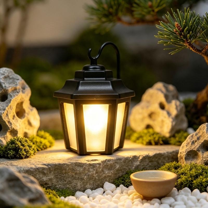 Small LED Lantern Decoration, Plastic Small Black Lamp, Hanging Ornament for Dollhouses Decors, Tabletop Model Layouts, Desktop Shelf Display