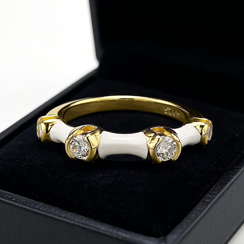 

Luoxi Temple Jewelry: S925 Sterling Silver Golden Bamboo & Drill Stackable Ring - Light Luxury Anniversary Piece. Size 8