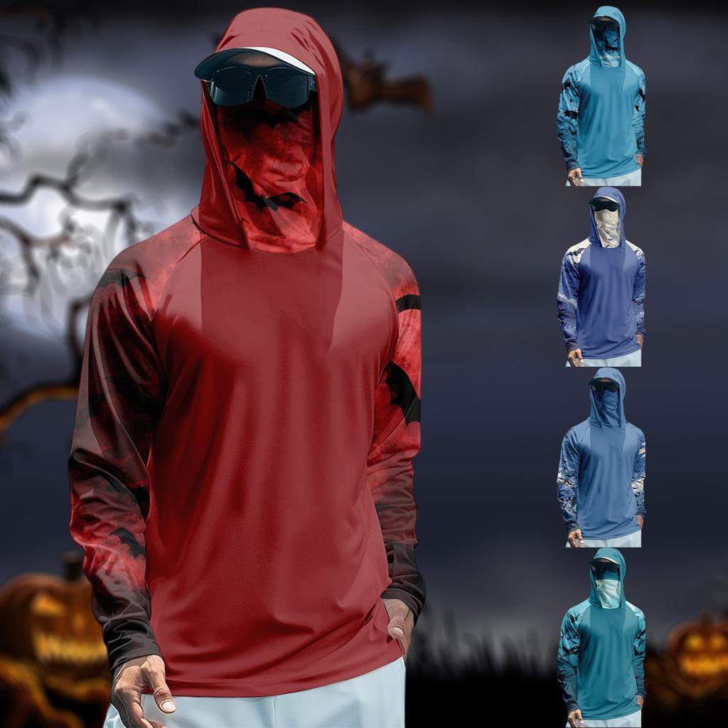 Men's Performance Fishing Raglan Halloween Prints Hoodie - UPF 50+ UV Long Sleeve Sun-protective Shirt With Mesh Visor