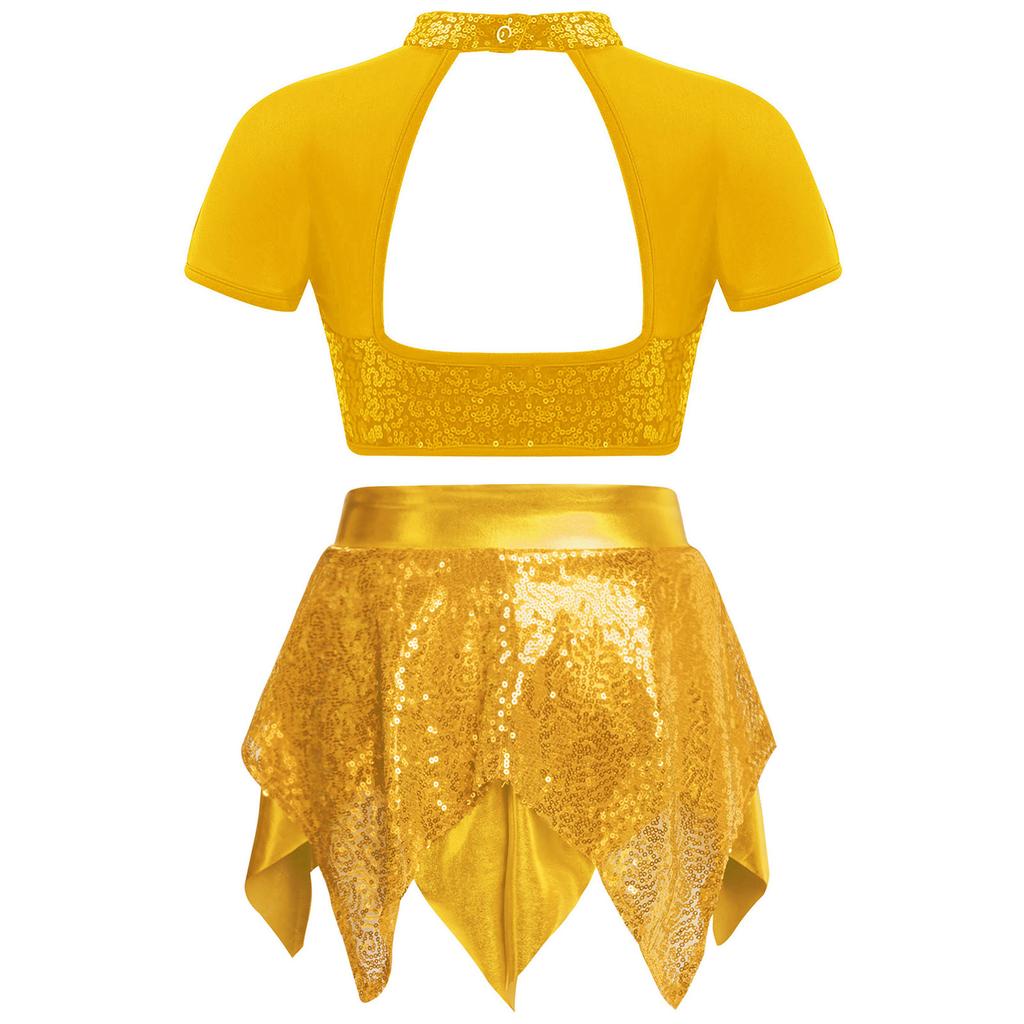 Mädchen Jazz Tanz Outfit Mock-Ausschnitt Kurzarm Mesh Patchwork Cutout Rücken Glänzende Pailletten Crop Top Rock mit unregelmäßigem Saum