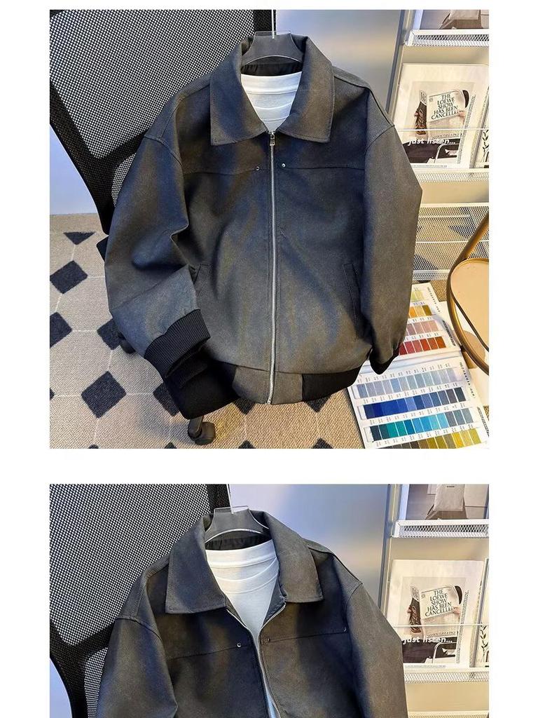 Men's Trendy Retro Brown Leather Baseball Jacket - Suede, Short, Roguish Style for Spring/Autumn