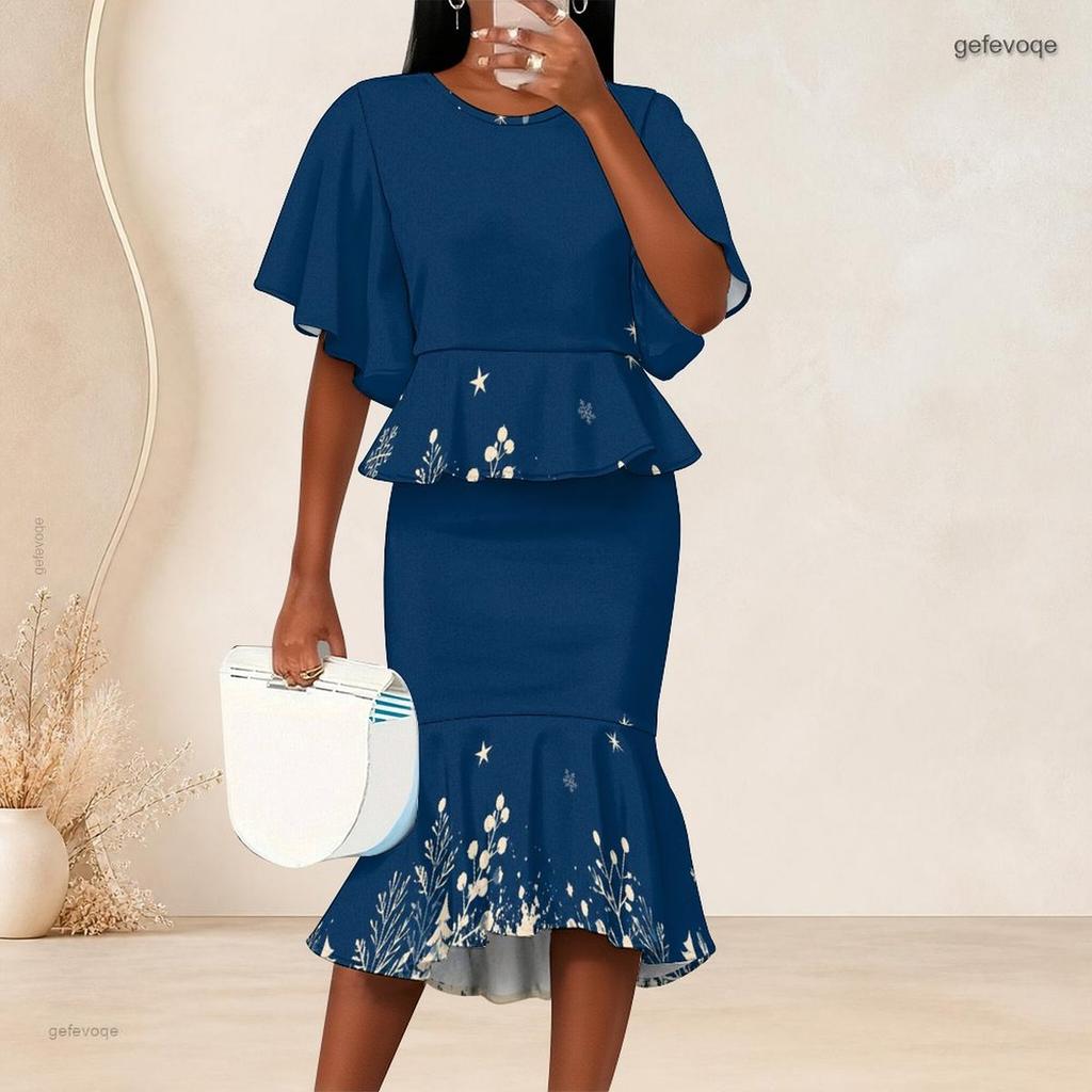 Women Plus Size Round Neck Batwing Sleeve Printed Navy Blue Ruffle Top Fishtail Skirt Two Piece Set
