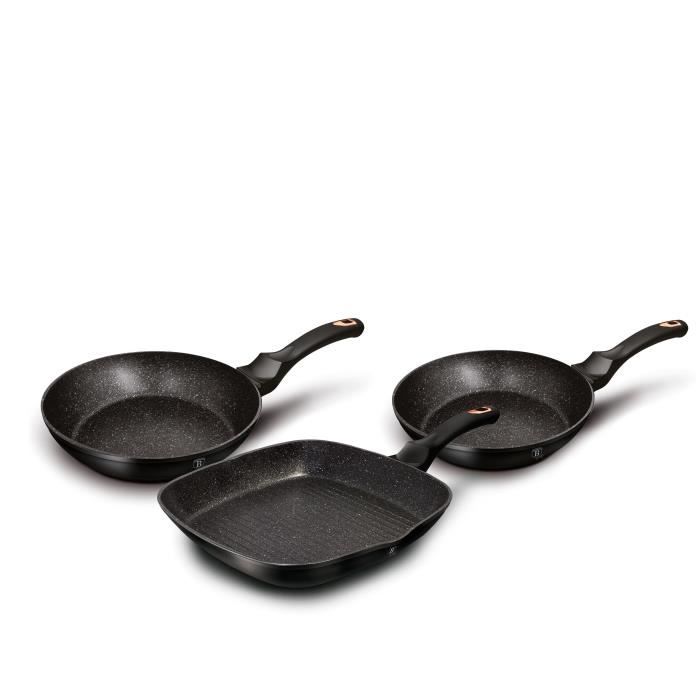 Set de 2 Poêles à Frire 1 Grill Induction 20-24-28cm Aluminium, Antiadhésif Berlinger Haus Noir Rose Noir 55674