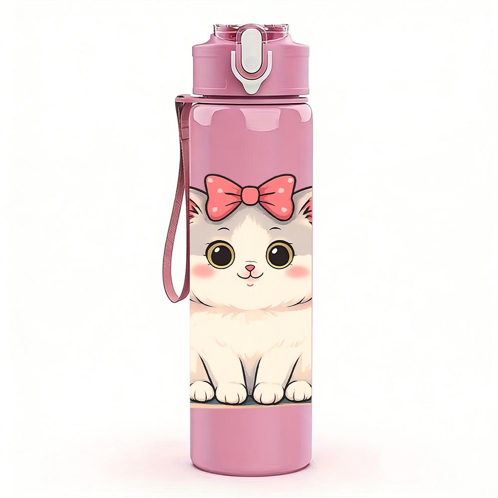 1PC White Cat Flower Bow 750ml Color Plastic Sports Water Bottle Leakproof Flip Straw Lid Suitable for Sports Office Home Use
