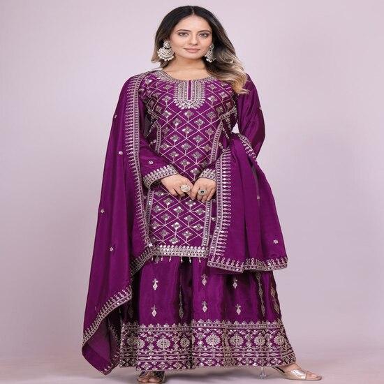 Majestic Purple Embroidered Sharara Suit Set