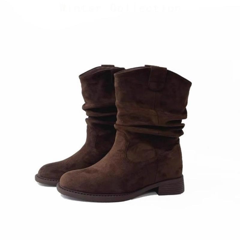 Sun Qian Pleated Pile Boots Coarse Heel Maillard Medium Boots Western Boots Skinny Boots