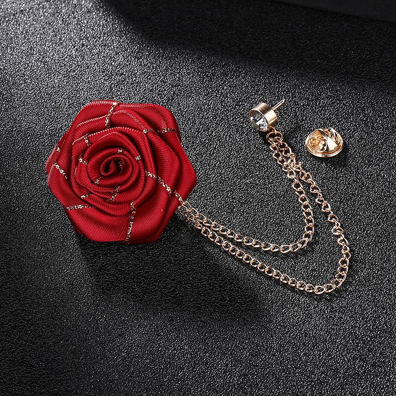 Men Wedding Brooches Cloth Art Handmade Rose Flower Brooch Lapel Pin Badge Tassel Chain Men'S Suit Accessories Groom Boutonniere