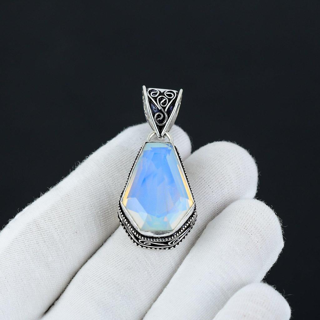 Coffin Shape Milky Opal Pendant, 925 Sterling Silver Pendant, Handmade Pendant, Coffin Gemstone Jewelry, Silver Jewelry For Women Gift