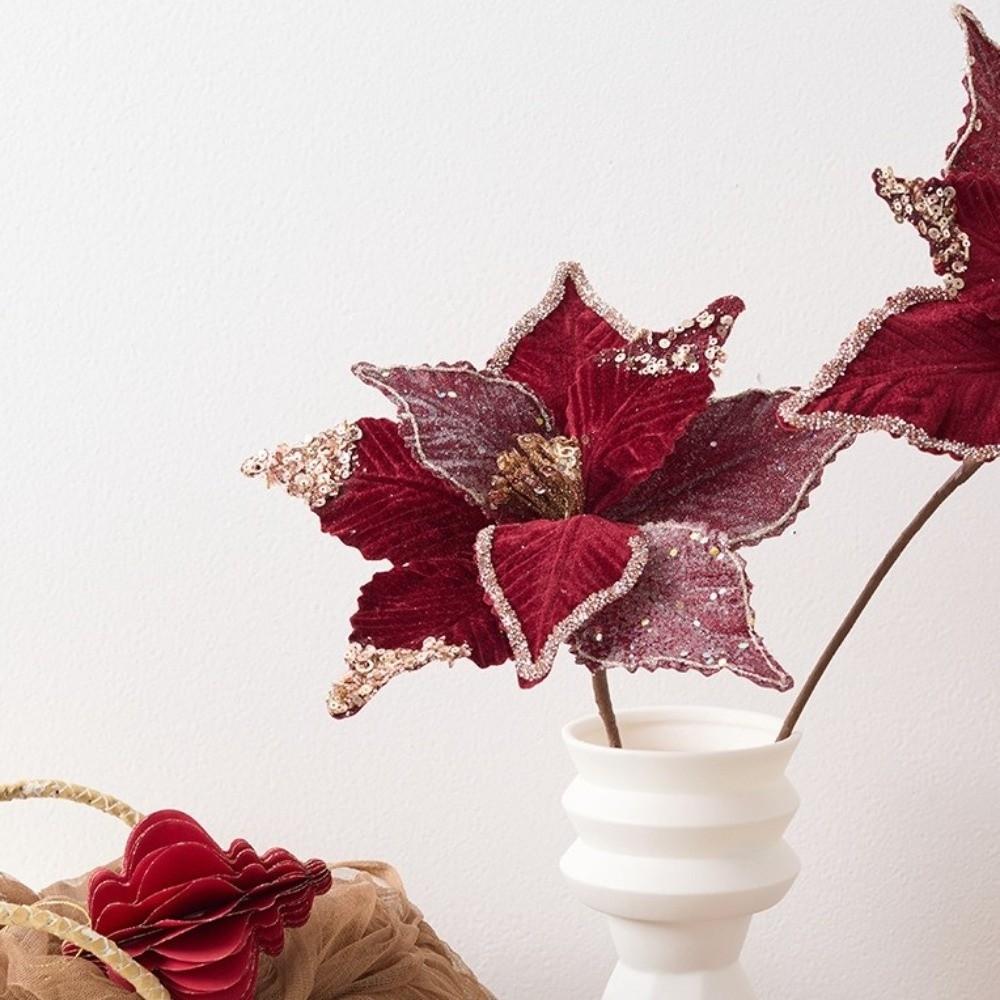 26CM Wine Red Artificial Poinsettia Flower Sequins Sparkling Simulation Flowers Glitter Christmas Glitter Flower