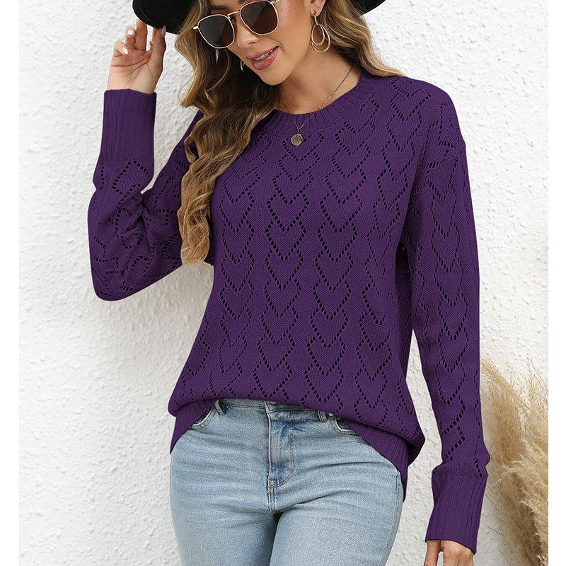 Autumn and winter new crew neck heart-shaped knit top, European and American hollow-out pullover long-sleeve sweater for women