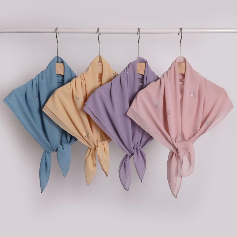 Simple Solid Color Star Bow Rhinestone Chiffon Square Scarf For Women