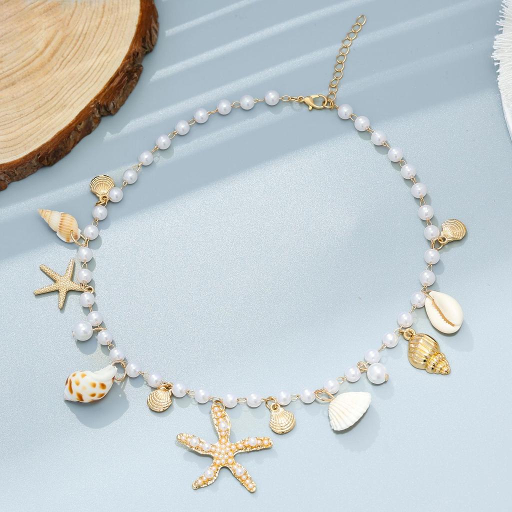 Single-piece beach seashell necklace, faux pearl, starfish, and conch elegant jewelry, suitable for beach vacations and parties.