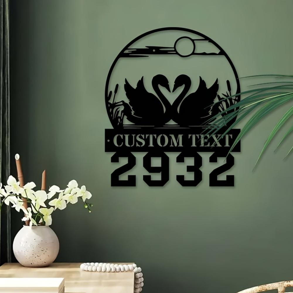 Metal Swan Wall Art Personalized Family Name Sign Engraved House Number Indoor Outdoor Home Decor