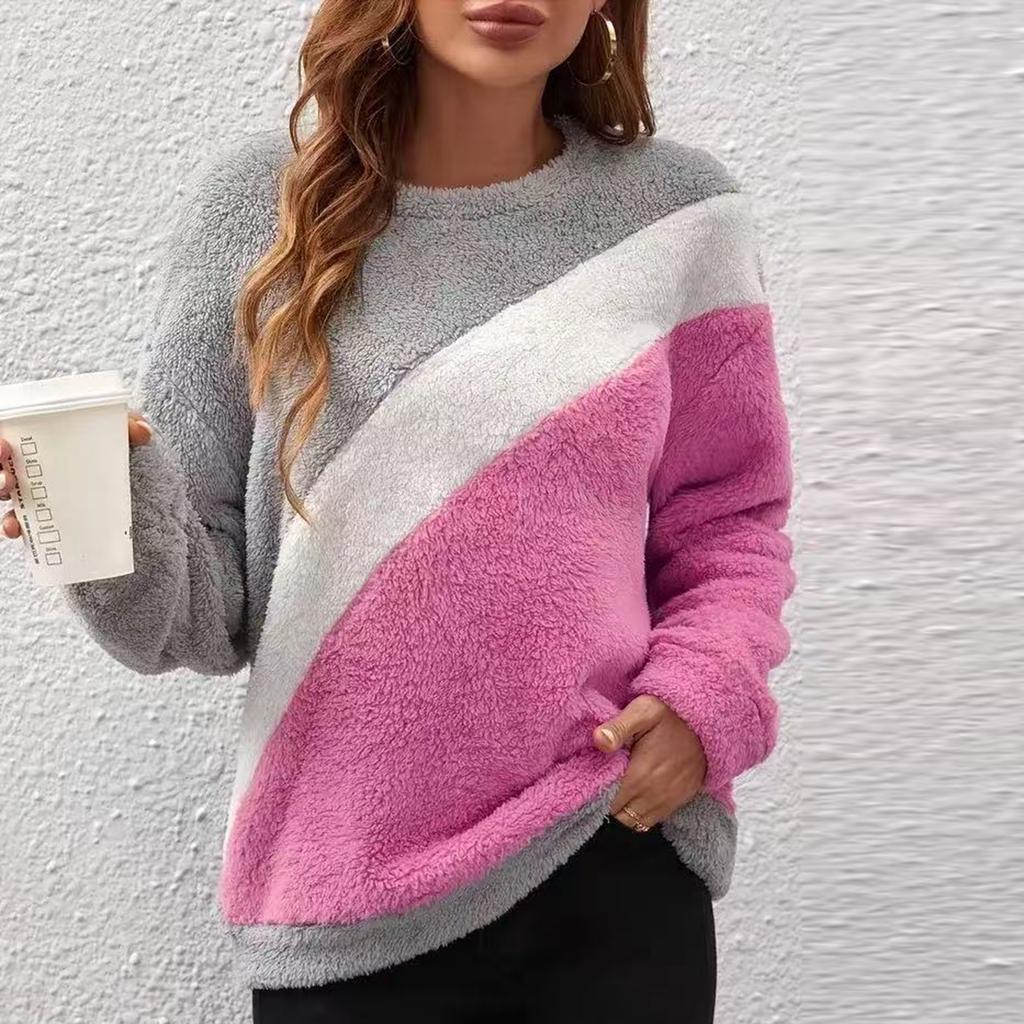Women's Fashion Casual Round Neck Contrasting Color Drop Shoulder Sleeve Fleece Long Sleeve Pullover Top