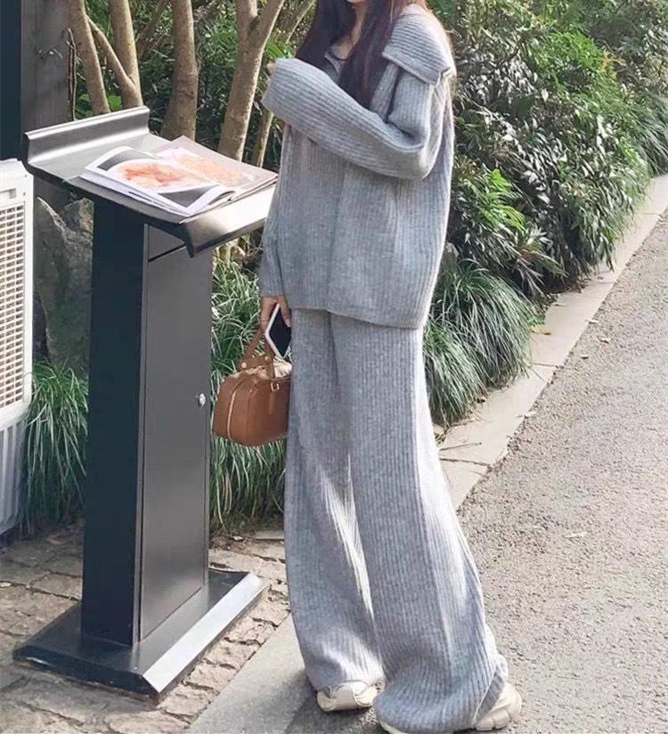 Autumn Winter Cross-Stitch Knitwear: Soft Sweater with Large Lapel & Wide-Leg Pants - Women's Casual Loose Two-Piece Set