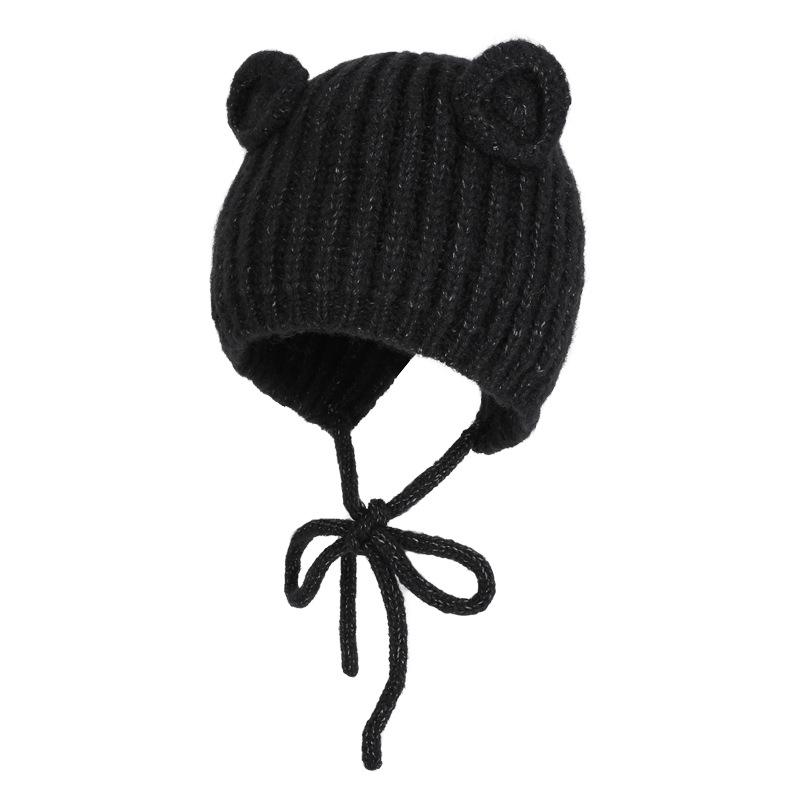 Cute Baby Bear Ear Knit Hat with Tie Strings Warm Winter Bonnet for Infants Toddlers Soft