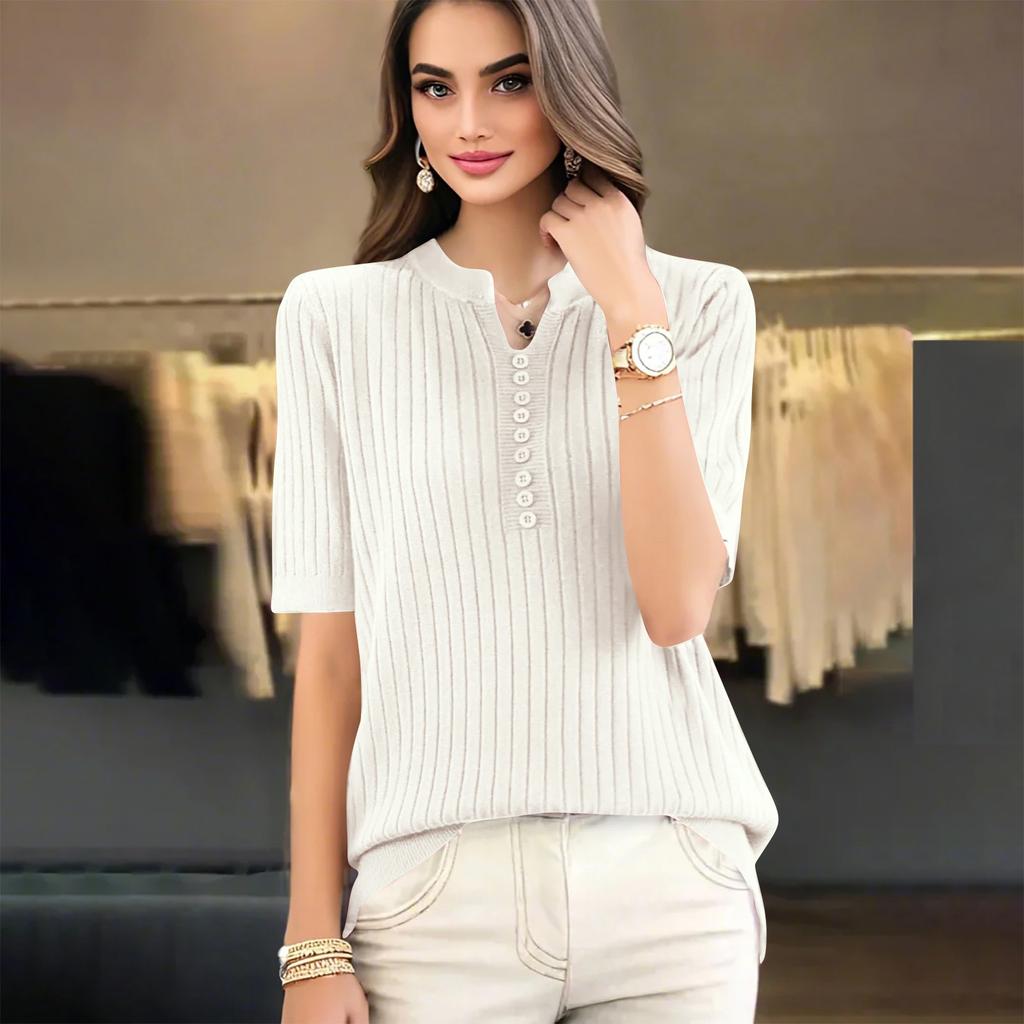 Fashion Knit Sweater Short Sleeve V-neck Slim-Fit Base Shirt Short Sleeve Top For Women