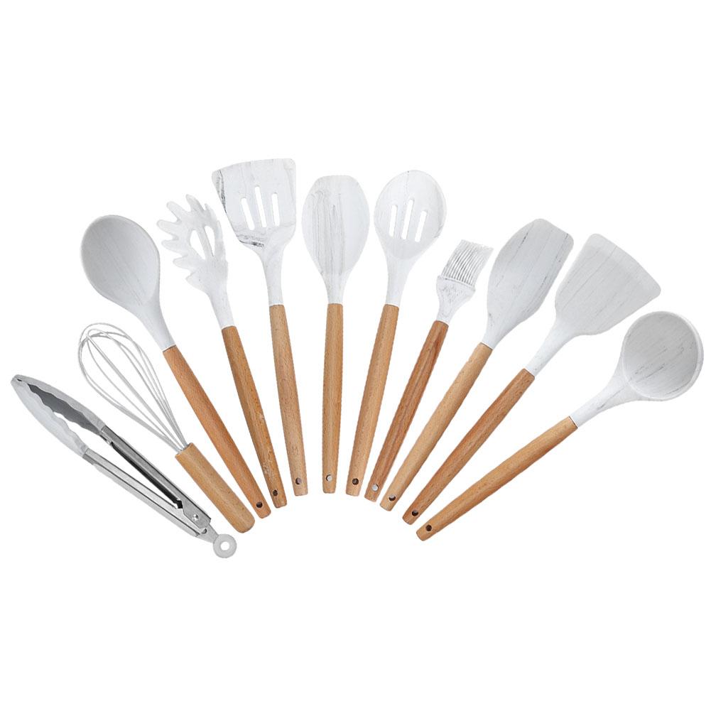12 STÜCKE Silikon Küchenutensil Antihaft Holzgriff Koch- Backwerkzeug mit Aufbewahrungsbox