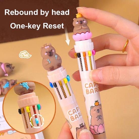 Penna a Sfera Multicolore 10 in 1, Carina Penna a Sfera Capibara, Penna a Scrittura a Pressione, Dieci Colori in Una Penna Retrattile per Cancelleria da Ufficio e Scuola