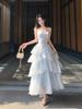 French Blue Glossy Camisole Cake Dress for Girls: Waist-Cinching, Slimming, Perfect for Birthdays & Beach Vacations