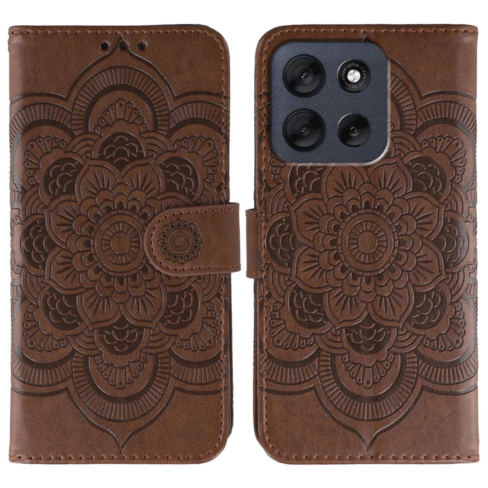 

For Motorola Moto G56 5G Case PU Leather Mandala Imprinted Design Wallet Phone Cover with Wrist Strap Brown