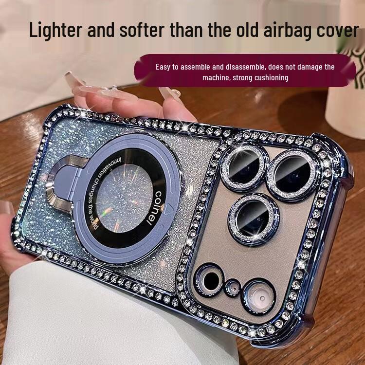 Compatible with iPhone 17 PRO MAX case: rhinestone edge, glitter finish, magnetic stand, Apple 16 fit, airbag protection, drop-proof, soft design.