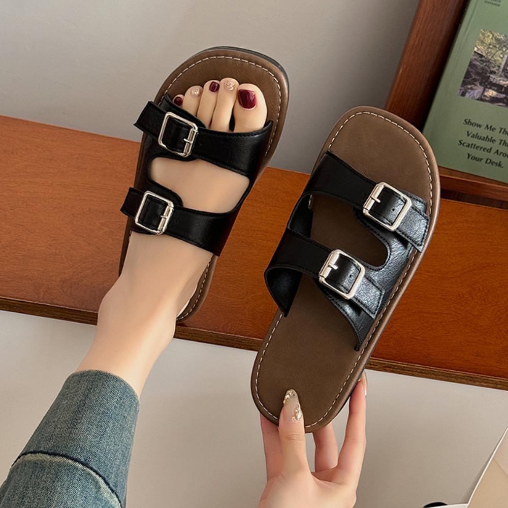 

2025 Summer New Women Flats Sandals Round Head Open Toe Sandals Vintage Leather Casual Female Platform Retro Shoes for Women 35 бежевый