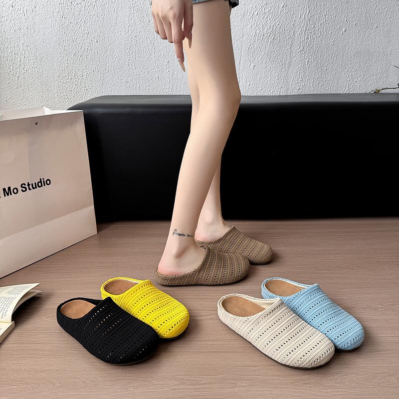 Retro Niche Woven Bag Head Half Slippers Women's Outer Wear Summer Lazy One Pedal Comfortable Soft Bottom Round Head Cool Slippers
