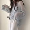 Spring Summer Long Sleeved Knitted Sunscreen Shirt See Through Retro Casual Simple Loose Hollow Out Thin Blouse V Neck Solid Color Top Clothing