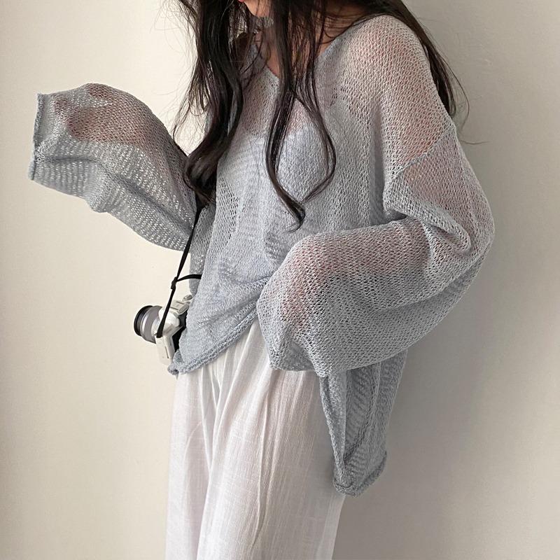 Spring Summer Long Sleeved Knitted Sunscreen Shirt See Through Retro Casual Simple Loose Hollow Out Thin Blouse V Neck Solid Color Top Clothing