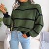 Women's Jumper Casual Striped Lantern Sleeves Knit Sweater Half High Neck Warm Pullover Knitwear Tops Knit Jumper