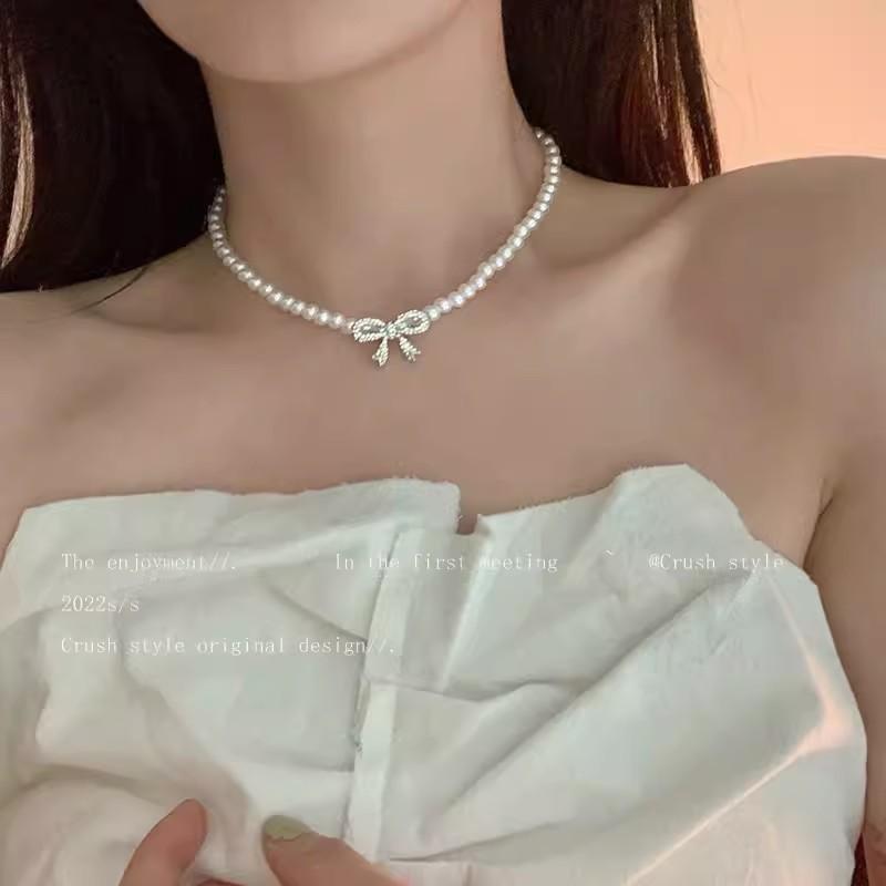 Pearl Bow Zircon Necklace Women's Summer Choker Temperament Accessories Niche Design Collarbone Chain Light Luxury Neck Chain