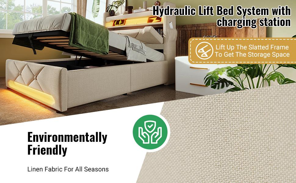Upholstered Double Bed 140*200, Storage Headboard, USB and Type C Port, 360 Surround LED Head and Foot, Hydraulic Storage, Beige, Linen (No Mattress)