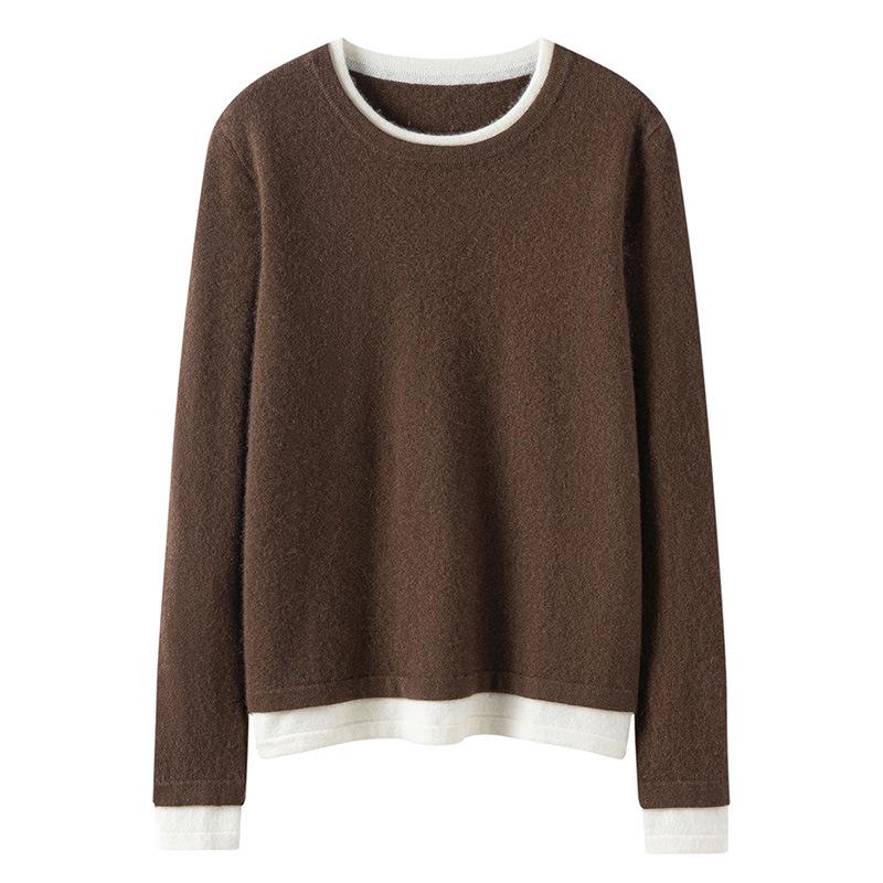 Women's Autumn Winter Patchwork Cashmere Round Neck Loose Pullover Knitwear