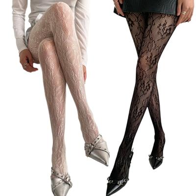 Dámské francouzský styl Sexy vykrojené průhledné punčochové kalhoty Rybářská síťovina Vintage květinový žakárový vzor Legíny JK dívka Krajkové punčochové kalhoty