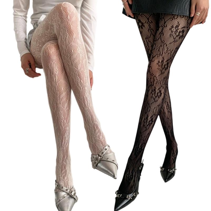 Women French Style Sexy Hollowed Sheer Fishnet Pantyhose Vintage Flower Jacquard Patterned Leggings JK Girl Lace Tights