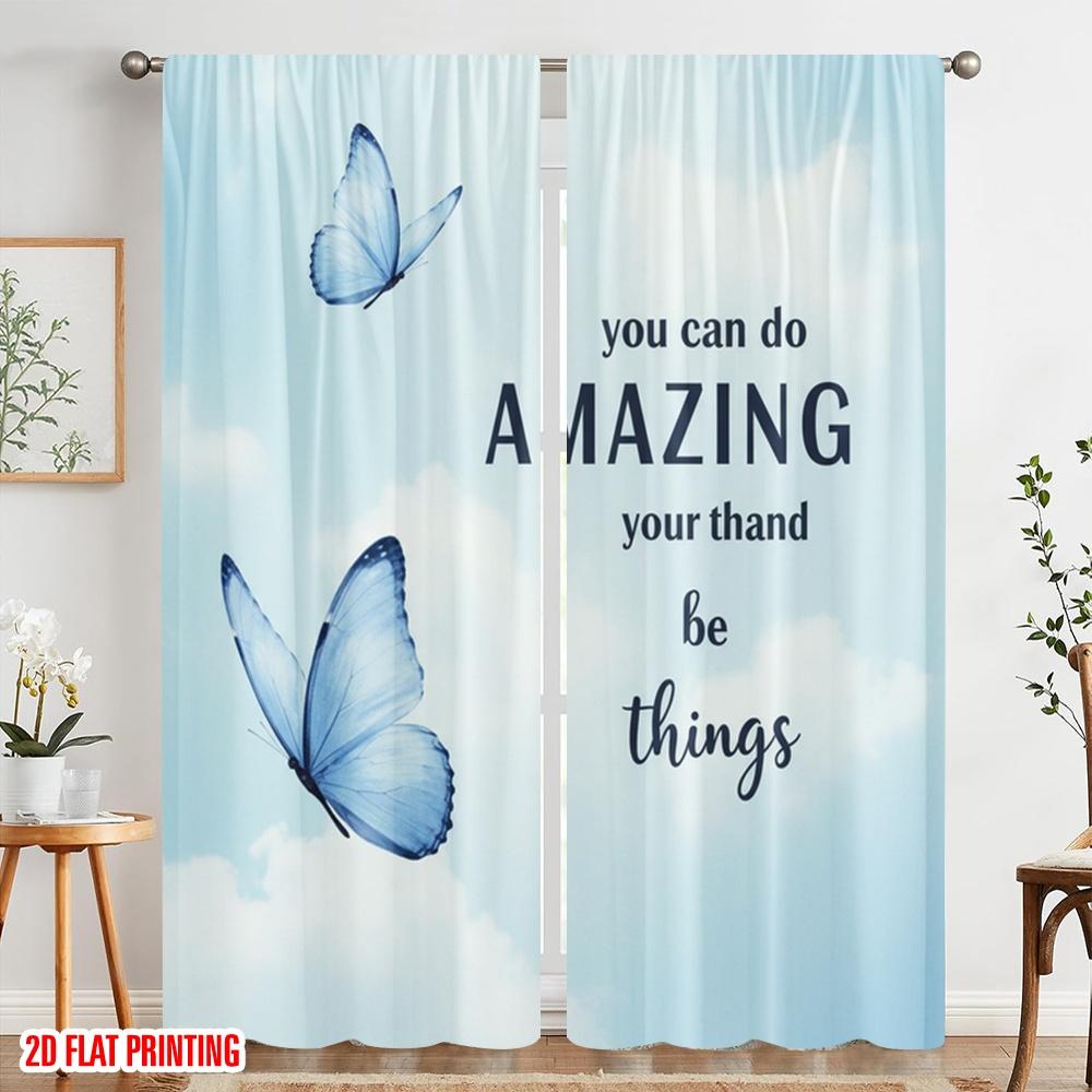 2pcs 2D flat printing Drapes Beautiful Blue Butterflies Amazing Things Fabric Without Electricity All Season Party & Holiday