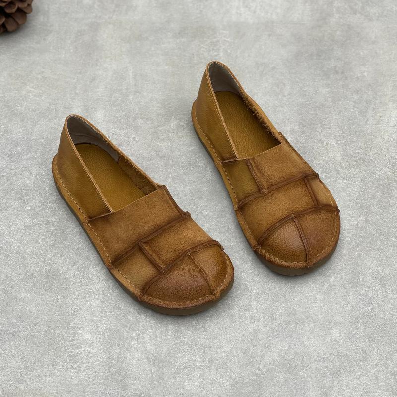 Johnature Handmade Loafers Genuine Leather Flats Retro Round Toe Soft Soled Cowhide Women's Slip-on Shoes